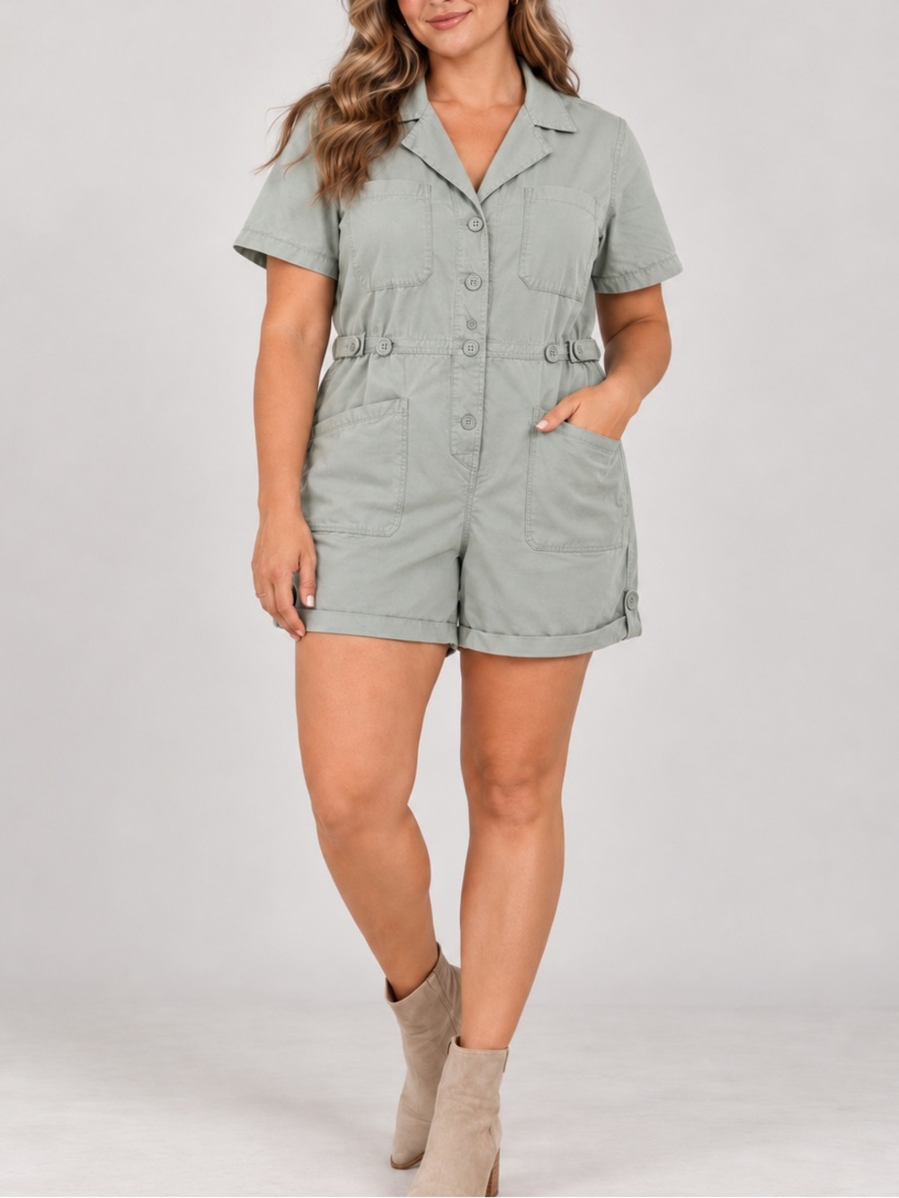 Zenana Sage Green Utility Romper Cotton Button Front Safari Workwear